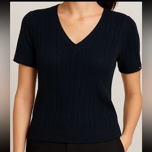 YUKA Wom XL short sleeve V neck woven knit sweater Wool Angora Blend cable‎ knit